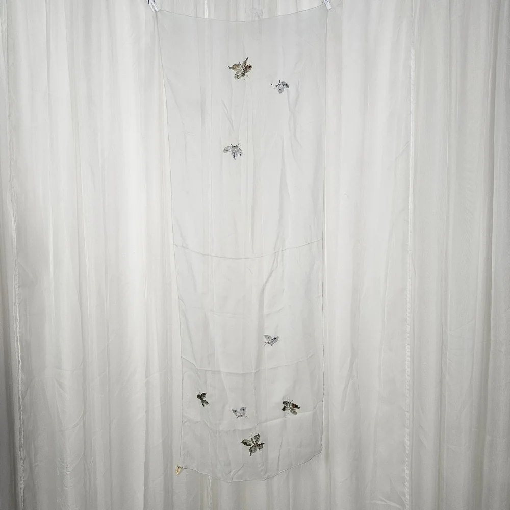 Vintage Saks Fifth Avenue sheer white painted butterfly scarf